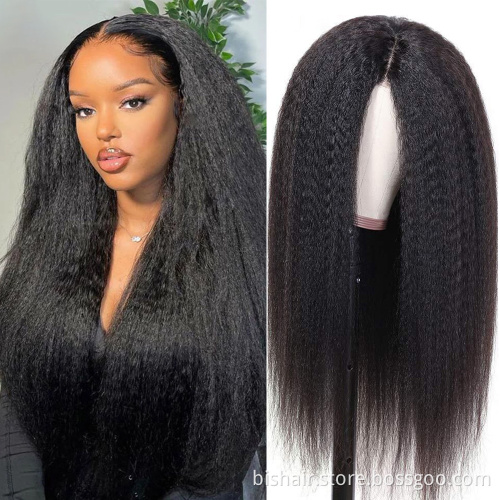 BIS Wholesale Yaki Wig Vendor 100% Brazilian Hair Wig 150% Density Kinky Straight 4*4 Closure Front Lace Wig For Black Women